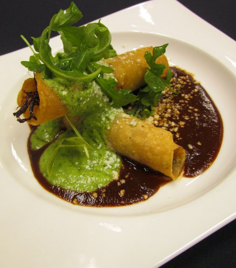 Jack Fruit Carnitas Taquitos with Avocado Salsa and Mole Amarillo